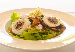 Green Salad with Sprouts, Goat Cheese, Confit de Calamata, Crostini, Walnut & Pear Dressing